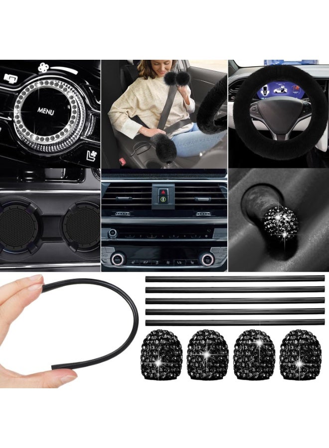 غطاء مقعد السيارة الإعداد الكامل للمقعد الأمامي الخلفي للسيارة المتوفر للنساء حزام غطاء بعجلة القيادة منفوش سدادات أرضية السيارة قطاع تجميل مكيف الهواء عالمي (أسود) - Image 4