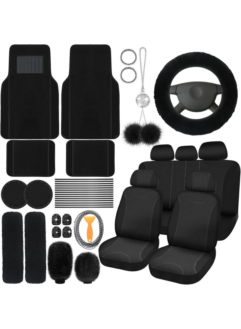 غطاء مقعد السيارة الإعداد الكامل للمقعد الأمامي الخلفي للسيارة المتوفر للنساء حزام غطاء بعجلة القيادة منفوش سدادات أرضية السيارة قطاع تجميل مكيف الهواء عالمي (أسود) - Image 1