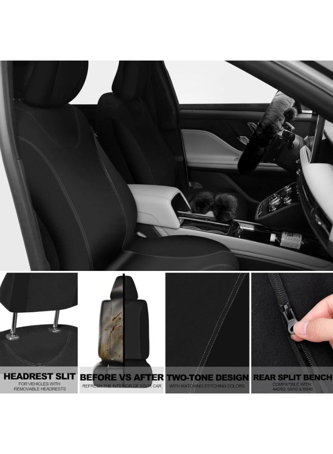 غطاء مقعد السيارة الإعداد الكامل للمقعد الأمامي الخلفي للسيارة المتوفر للنساء حزام غطاء بعجلة القيادة منفوش سدادات أرضية السيارة قطاع تجميل مكيف الهواء عالمي (أسود) - Image 3