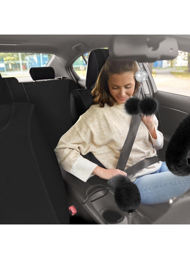 غطاء مقعد السيارة الإعداد الكامل للمقعد الأمامي الخلفي للسيارة المتوفر للنساء حزام غطاء بعجلة القيادة منفوش سدادات أرضية السيارة قطاع تجميل مكيف الهواء عالمي (أسود) - Image 5