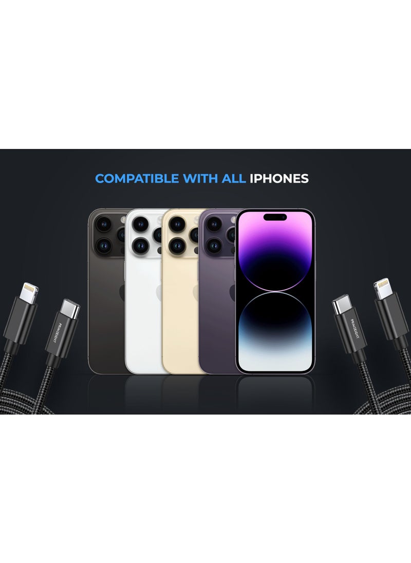 PRIMEEIGHT - [3 PACK] TYPE C TO Lightning Cable For Apple iPhone iPod iPad 1m and 2m fast charging Compatible with iPhone 11/12/13/14  Pro / Pro Max Black - Image 1