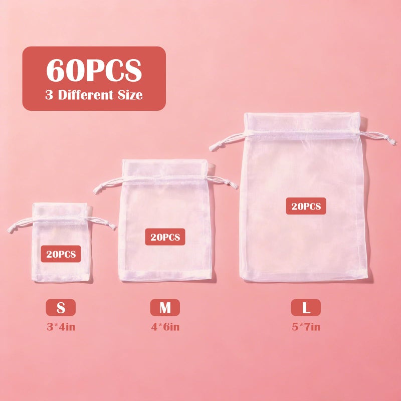 WOW DING 3 Size Organza Bags, 60 Pcs White Mesh Drawstring Gift Bags, Jewelry Pouches for Party Festival Candy Wedding Favors Christmas (3 Size 3x4in, 4x6in, 5x7in) - Image 3