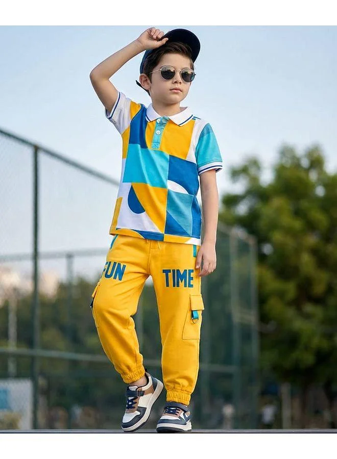 Ollington St. Ollington St. Cotton Knit Half Sleeves Printed Polo T-Shirt &  Joggers Set - Yellow