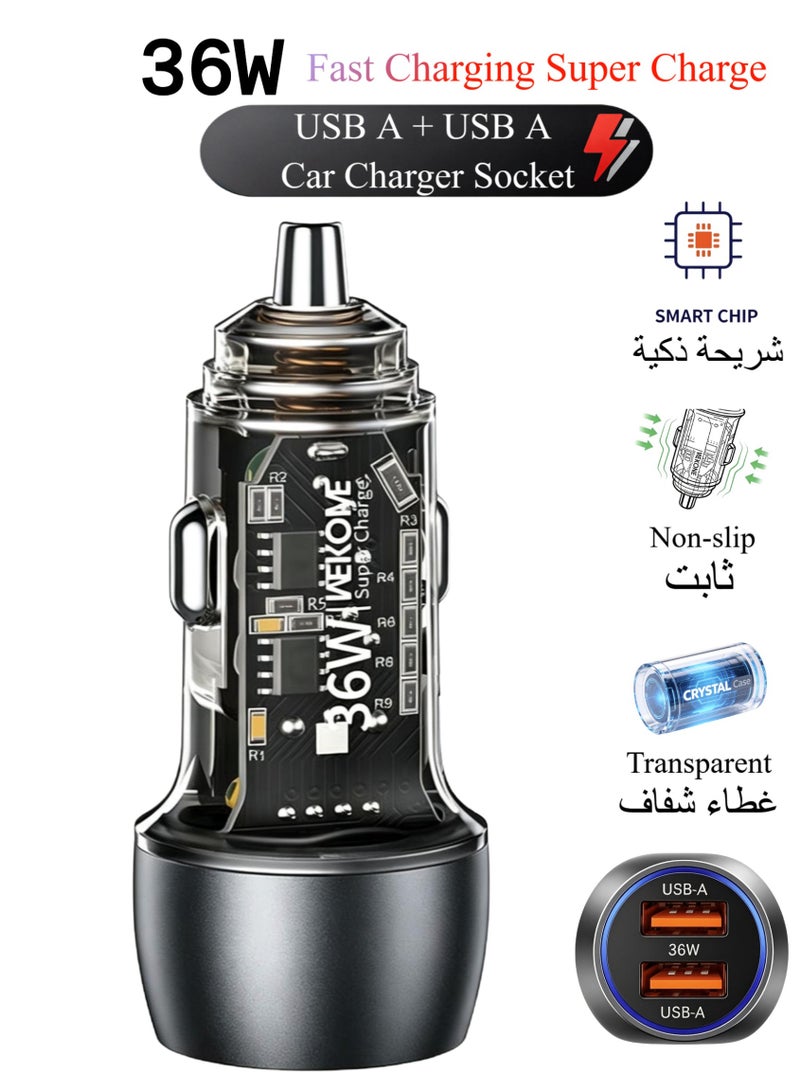 WEKOME 36W Dual USB-A Fast Car Charger, Transparent Shell Zinc Alloy Body, Multi-Protection Universal Car Power Adapter for Smartphones - Image 1