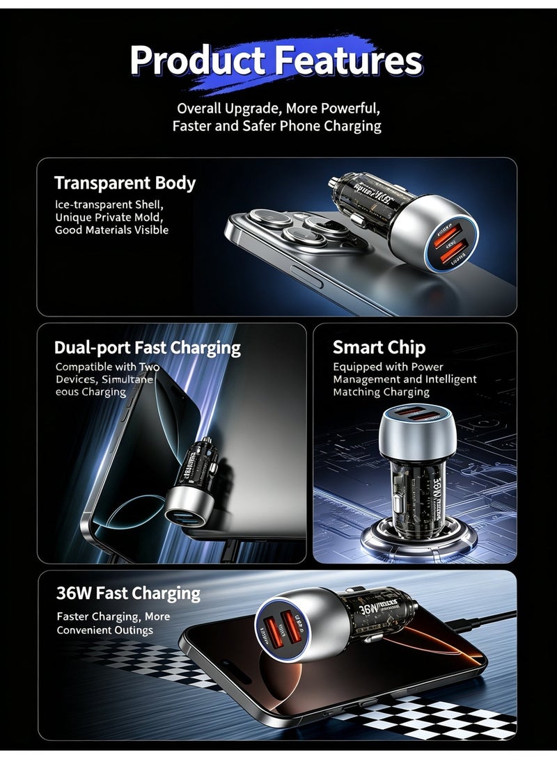 WEKOME 36W Dual USB-A Fast Car Charger, Transparent Shell Zinc Alloy Body, Multi-Protection Universal Car Power Adapter for Smartphones - Image 2