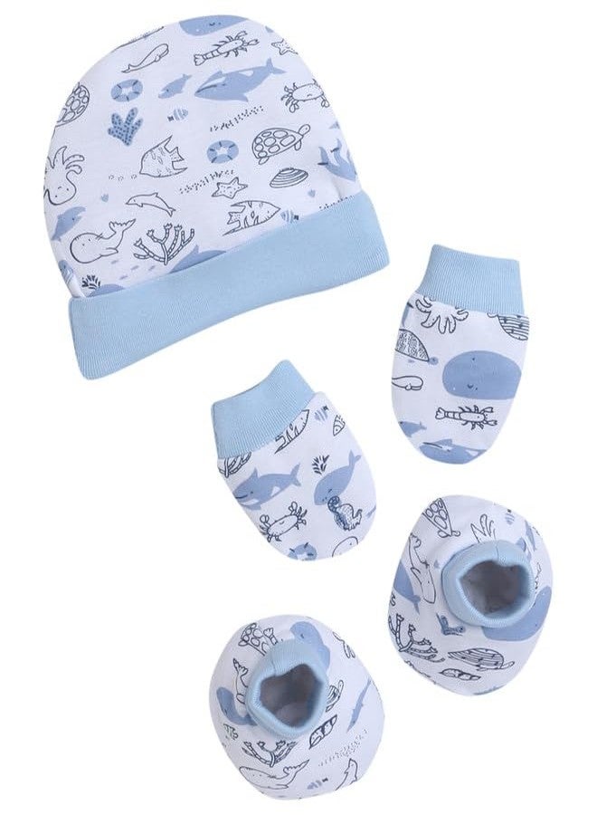 BUMZEE White & Sky Blue Boys Cotton Cap Mitten Bootie Set Age - 0-3 Months (Peb8805-wht.SBL) - Image 1