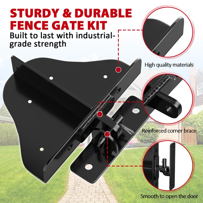 Mofeez Anti Sag Gate Kit Fence Gate Hardware - Heavy Duty 90 Degree Right Angle Hinges with Self-Locking Gate Latch & Corner Brace - for Wood Gates, Garden Fence (1 Set) - Image 3
