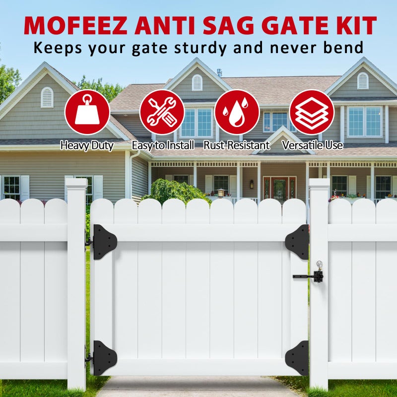 Mofeez Anti Sag Gate Kit Fence Gate Hardware - Heavy Duty 90 Degree Right Angle Hinges with Self-Locking Gate Latch & Corner Brace - for Wood Gates, Garden Fence (1 Set) - Image 2
