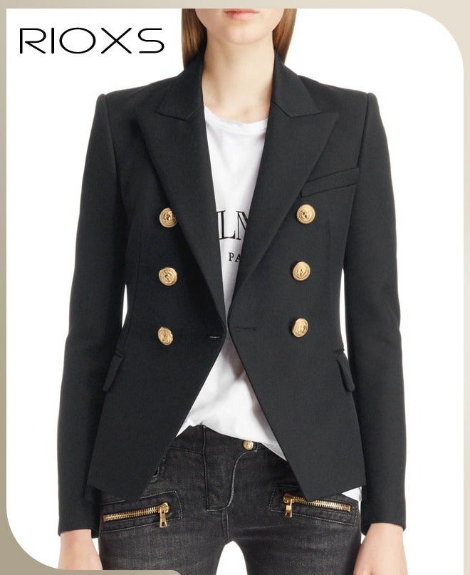 RIOXS Women Casual Blazers, Long Sleeve V-neck Blazer With Lined Double Breasted Open Front, Work Business Suit With Pockets for Formal Occasions, After Party, Meeting, Office Outfit, Cocktail, Black - Image 2