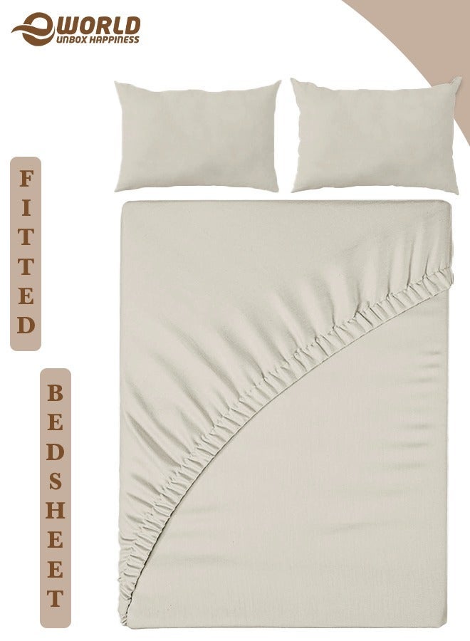 Eworld 3-Piece Cream Microfiber Fitted Bedsheet Set Includes 1 Deep-Pocket Sheet for a Snug Fit and 2 Pillow Covers, Breathable, Machine Washable for Optimal Protection, Available in King, Queen and Single Sizes - Image 1