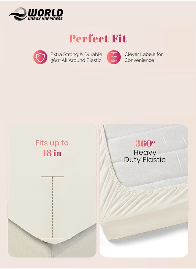 Eworld - 3-Piece Cream Cotton Fitted Bedsheet Set Includes 1 Deep-Pocket Sheet for a Snug Fit and 2 Pillow Covers, Breathable, Machine Washable for Optimal Protection, Available in King, Queen and Single Sizes - Image 1