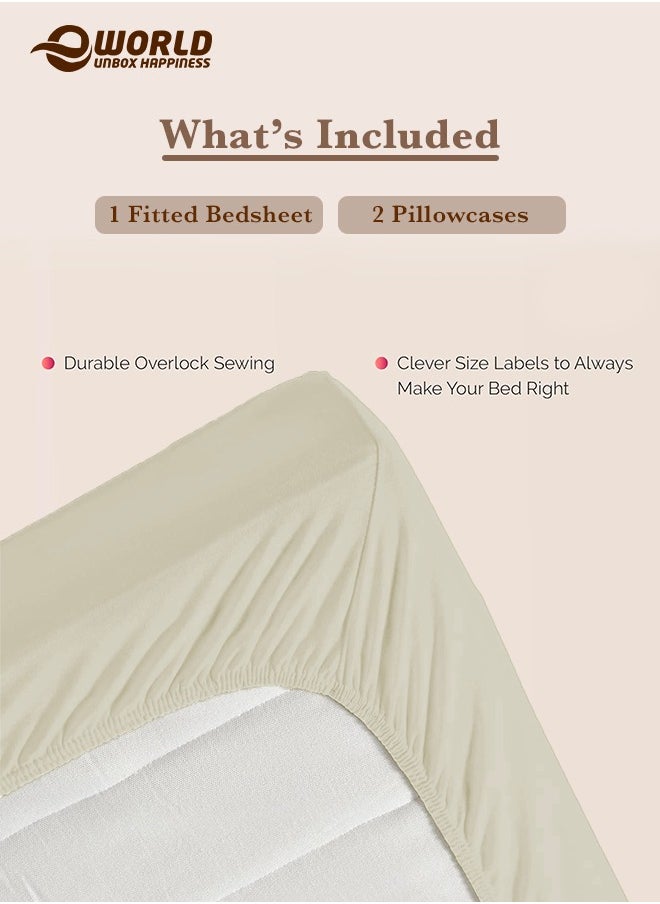 Eworld - 3-Piece Cream Cotton Fitted Bedsheet Set Includes 1 Deep-Pocket Sheet for a Snug Fit and 2 Pillow Covers, Breathable, Machine Washable for Optimal Protection, Available in King, Queen and Single Sizes - Image 1