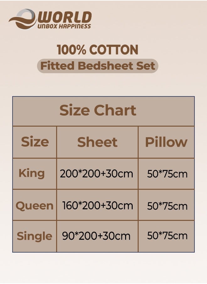 Eworld - 3-Piece Cream Cotton Fitted Bedsheet Set Includes 1 Deep-Pocket Sheet for a Snug Fit and 2 Pillow Covers, Breathable, Machine Washable for Optimal Protection, Available in King, Queen and Single Sizes - Image 1