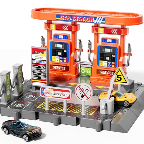 KIZONLY Toy Cars Playsets Activity Drivers Playset Gasstation with Moveable Hoses Parking lot 164 Scale Toy Cars and Car Garage Toys for Toddlers 13 CarActivated Playing Method - Image 1