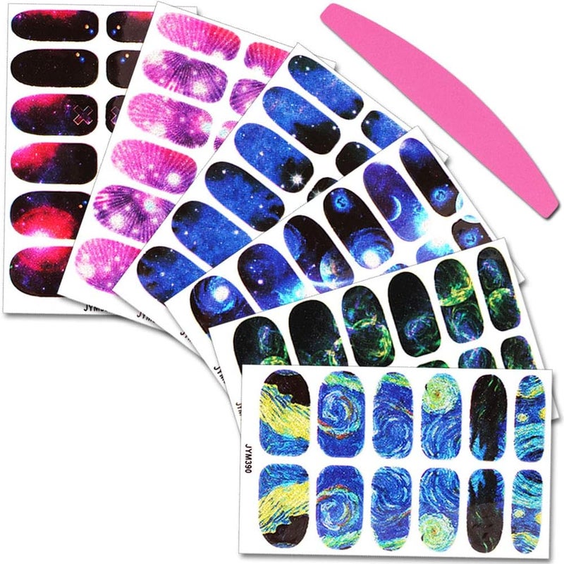 SILPECWEE 6 Sheets Starry Sky Galaxy Nail Polish Stickers Adhesive Nail Wraps Nail Polish Strips for Women Nail Art Stickers Manicure Kit with 1pc Nail File