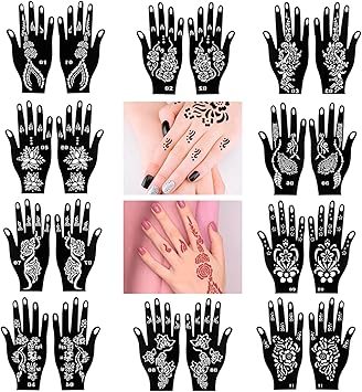 MUNSKT 20 Pieces Hand Shape Tattoo Stencil Sticker Set India Henna Temporary Body Painting for Women Girl Easy to Use DIY Flower Leaf Pattern Templates - Image 1