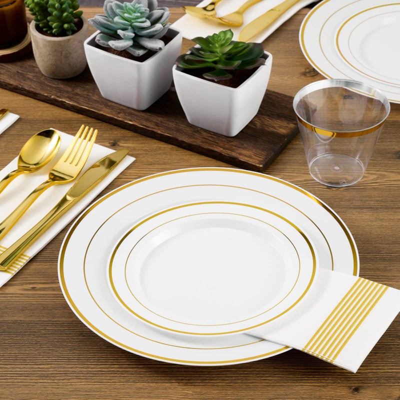 FOCUSLINE Gold Plastic Plates Set of 60, Disposable Plates with Gold Rim 30 Dinner Plates 10" and 30 Salad Dessert Appetizer Plate 7", Elegant Fancy Heavy Duty Wedding Party Plates - Image 3