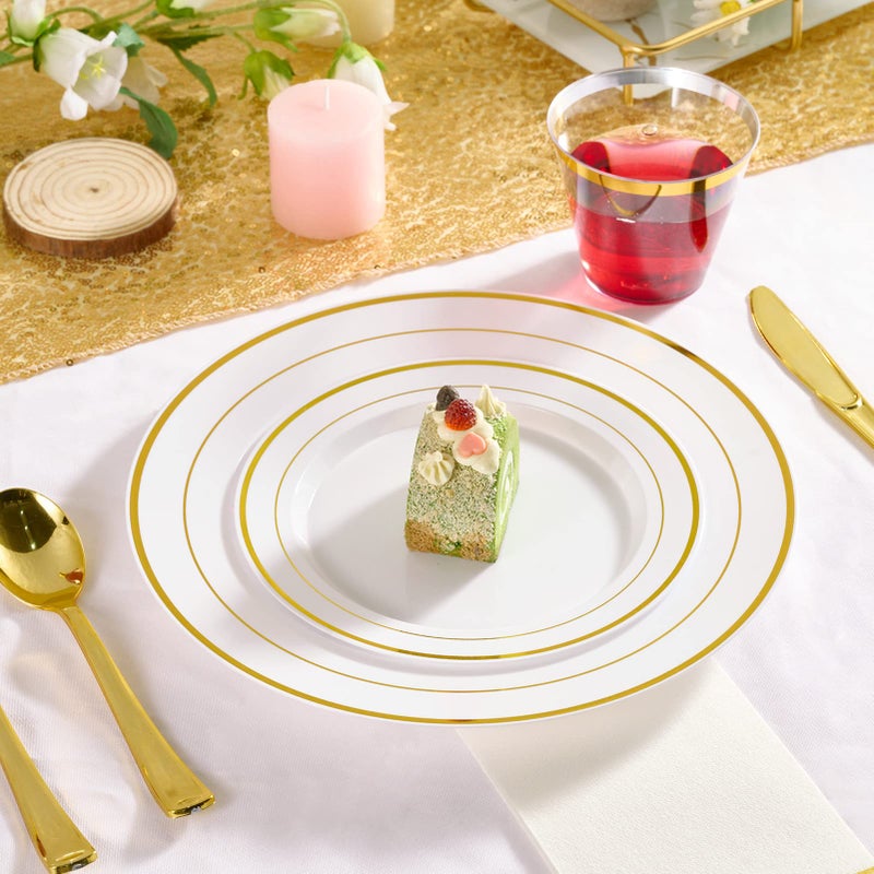 FOCUSLINE Gold Plastic Plates Set of 60, Disposable Plates with Gold Rim 30 Dinner Plates 10" and 30 Salad Dessert Appetizer Plate 7", Elegant Fancy Heavy Duty Wedding Party Plates - Image 2