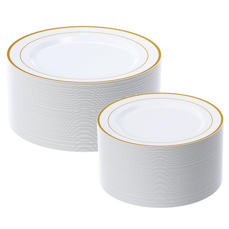 FOCUSLINE Gold Plastic Plates Set of 60, Disposable Plates with Gold Rim 30 Dinner Plates 10" and 30 Salad Dessert Appetizer Plate 7", Elegant Fancy Heavy Duty Wedding Party Plates - Image 1