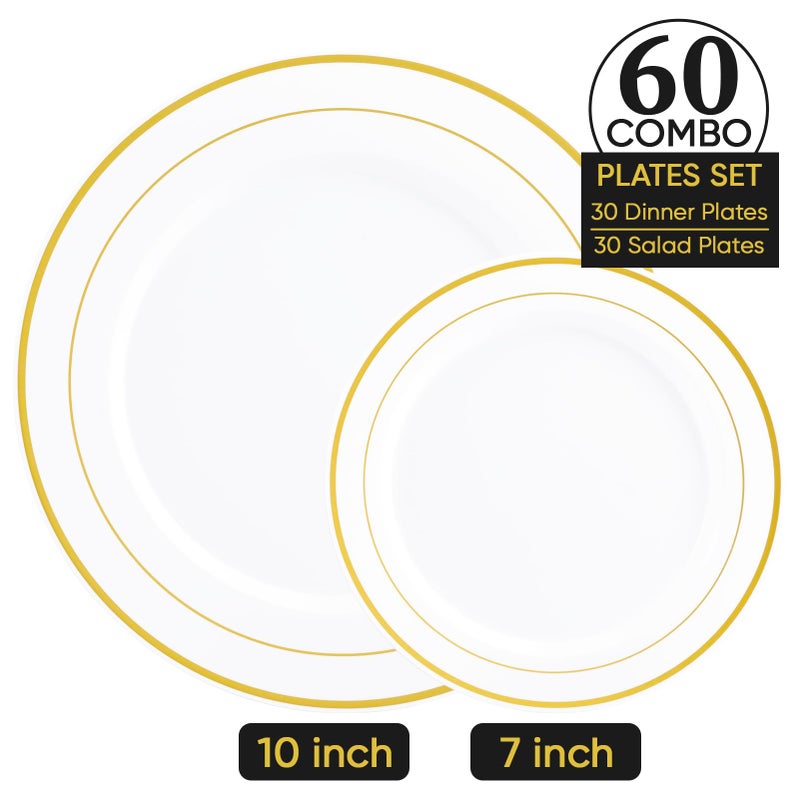 FOCUSLINE Gold Plastic Plates Set of 60, Disposable Plates with Gold Rim 30 Dinner Plates 10" and 30 Salad Dessert Appetizer Plate 7", Elegant Fancy Heavy Duty Wedding Party Plates - Image 5