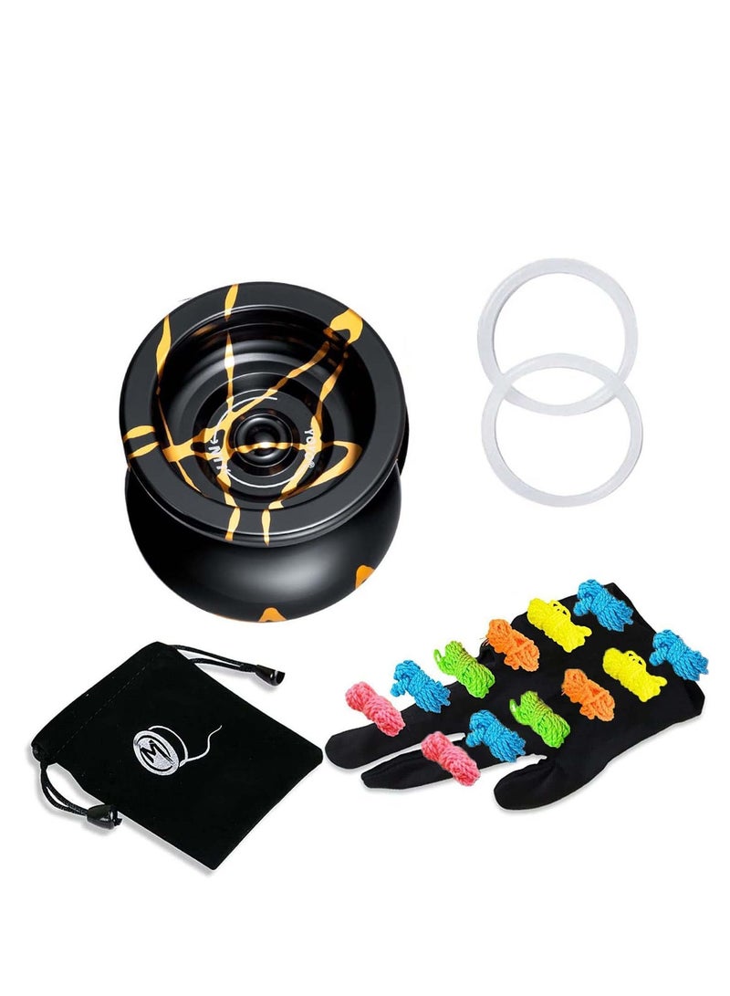 NIBEMINENT N11 Professional Unresponsive Aluminum YoYo Ball with Bag Glove 12 Strings and Responsive Bearing Kit Black Golden - Image 2