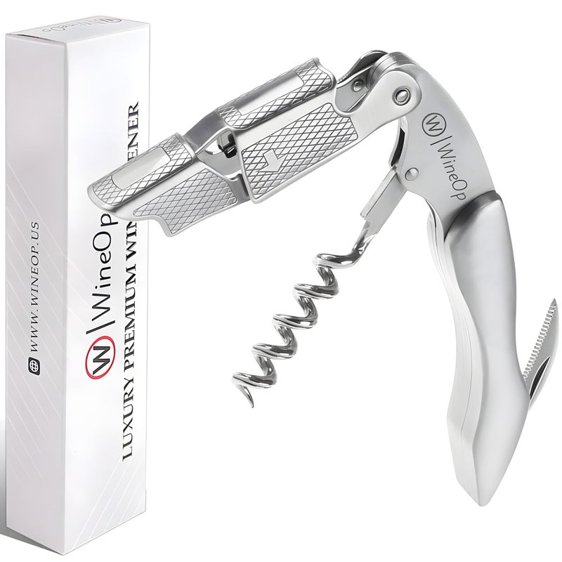 WineOp Professional Wine Opener Luxury Double Hinged Waiters Corkscrew Wine Bottle Key  Cork screwer for Servers Bartenders Sommelier and Home Use  AllInOne Stainless Steel Silver Handle