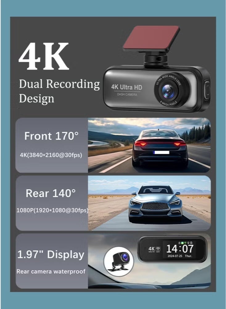 4K Dual Dash Cam Car Camera with Front 4K UHD + Rear 1080P, ACC Hardwire Kit for 24H Parking Mode, Built-in WiFi u0026 GPS, G-Sensor Collision Detection, Night Vision, WDR, 170° Wide Angle, Loop Recording, Mobile App Control, - Image 4