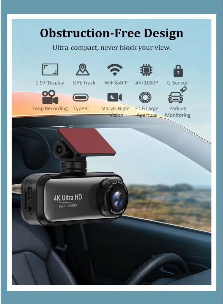 4K Dual Dash Cam Car Camera with Front 4K UHD + Rear 1080P, ACC Hardwire Kit for 24H Parking Mode, Built-in WiFi u0026 GPS, G-Sensor Collision Detection, Night Vision, WDR, 170° Wide Angle, Loop Recording, Mobile App Control, - Image 1