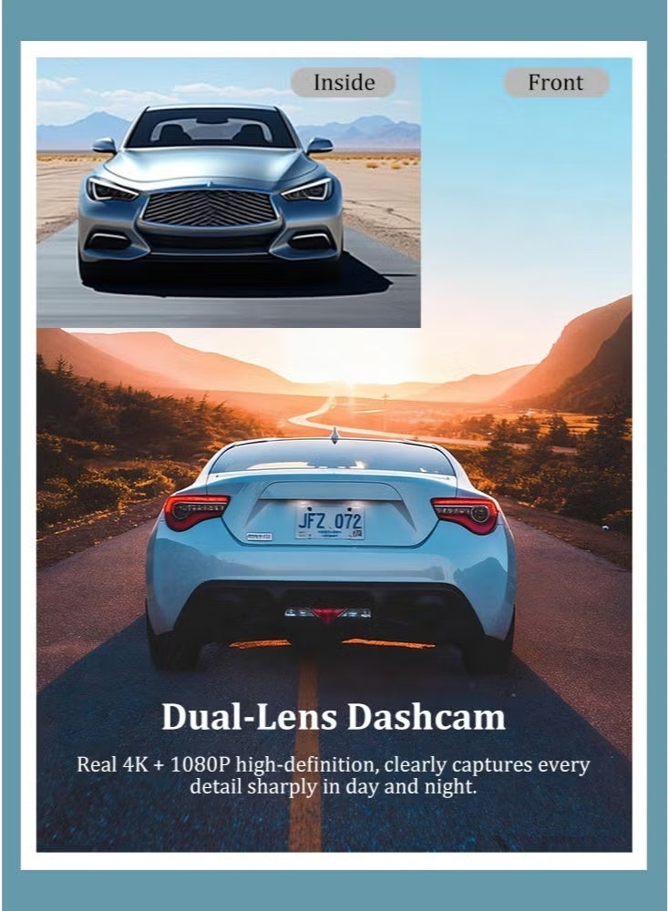 4K Dual Dash Cam Car Camera with Front 4K UHD + Rear 1080P, ACC Hardwire Kit for 24H Parking Mode, Built-in WiFi u0026 GPS, G-Sensor Collision Detection, Night Vision, WDR, 170° Wide Angle, Loop Recording, Mobile App Control, - Image 2