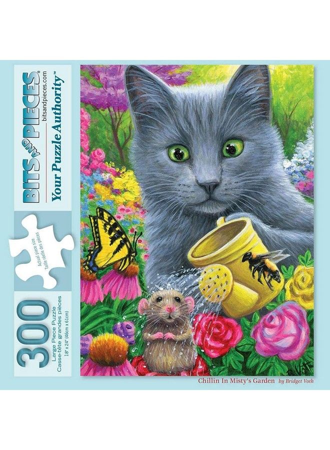 Bits and Pieces 300 Piece Jigsaw Puzzle For Adults 18" X 24" Chillin In Misty Garden 300 Pc Cat Flower Mouse Butterfly Pet Kitten Jigsaw By Artist Bridget Voth - Image 1