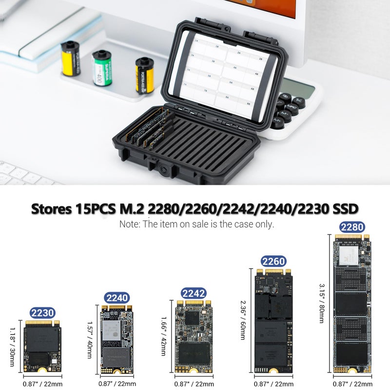 Kiorafoto Hard Plastic 15 Slots M.2 2280 2260 2242 2240 2230 Case, Water-Resistant Shockproof M.2 SSD Holder with Label & Notepaper, 2280 SSD Card Case Vertical Style Drive Storage Box - Image 2