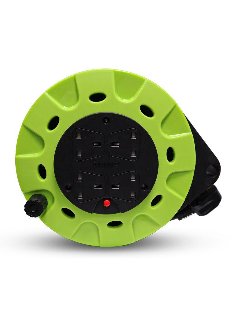 ADMORE ADMORE England Green & Black 5 meters Power Extension Reel With 4 Socket Power Cable Extensions | 4-way Outlets | Retractable Power Strip | Round extension Cord | 1.25mm 99.9% Pure Copper Cable  - Image 1