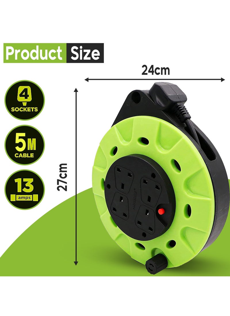 ADMORE ADMORE England Green & Black 5 meters Power Extension Reel With 4 Socket Power Cable Extensions | 4-way Outlets | Retractable Power Strip | Round extension Cord | 1.25mm 99.9% Pure Copper Cable  - Image 2