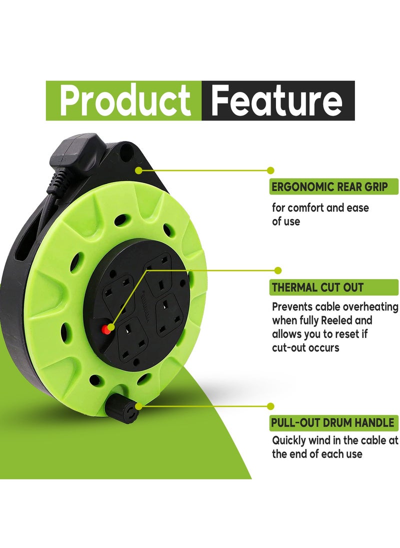 ADMORE ADMORE England Green & Black 5 meters Power Extension Reel With 4 Socket Power Cable Extensions | 4-way Outlets | Retractable Power Strip | Round extension Cord | 1.25mm 99.9% Pure Copper Cable  - Image 3