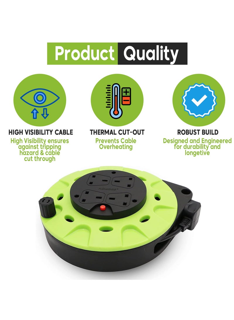 ADMORE ADMORE England Green & Black 5 meters Power Extension Reel With 4 Socket Power Cable Extensions | 4-way Outlets | Retractable Power Strip | Round extension Cord | 1.25mm 99.9% Pure Copper Cable  - Image 4
