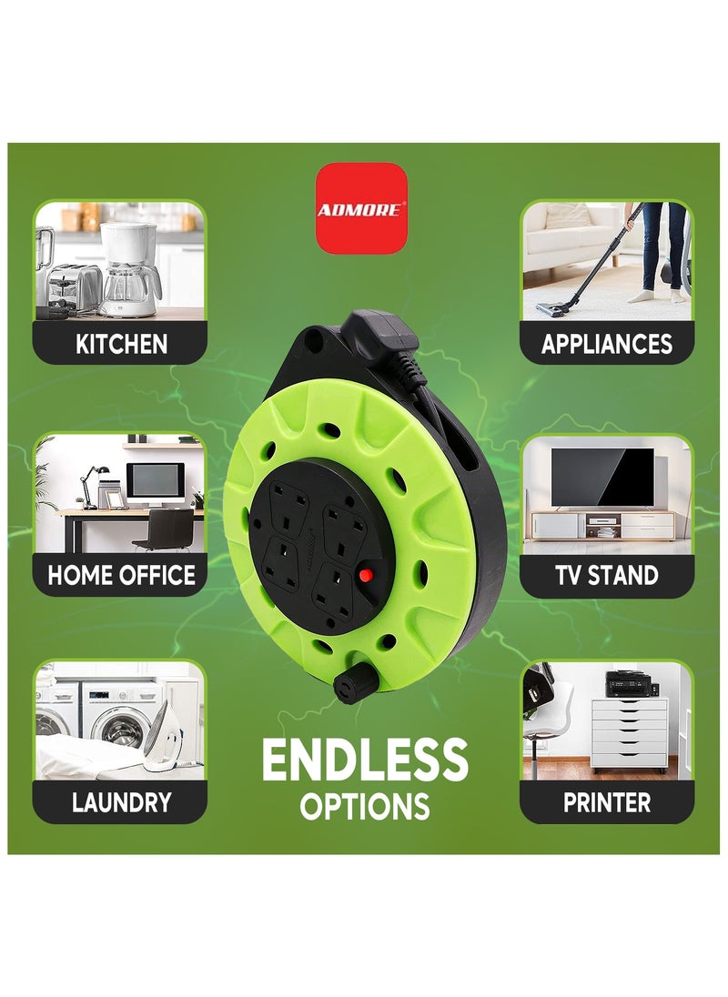 ADMORE ADMORE England Green & Black 5 meters Power Extension Reel With 4 Socket Power Cable Extensions | 4-way Outlets | Retractable Power Strip | Round extension Cord | 1.25mm 99.9% Pure Copper Cable  - Image 5