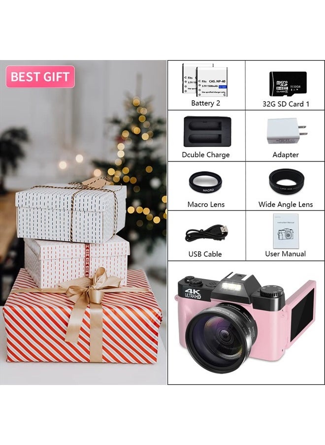 VETEK - Digital Cameras for Photography, 4K 48MP Vlogging Camera 16X Digital Zoom Manual Focus Rechargeable Students Compact Camera with 52mm Wide-Angle & Macro Lens, 32G TF Card and 2 Batteries - Image 1