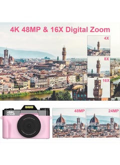 VETEK Digital Cameras for Photography, 4K 48MP Vlogging Camera 16X Digital Zoom Manual Focus Rechargeable Students Compact Camera with 52mm Wide-Angle & Macro Lens, 32G TF Card and 2 Batteries  - Image 2