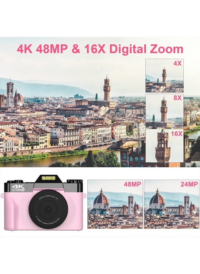 VETEK - Digital Cameras for Photography, 4K 48MP Vlogging Camera 16X Digital Zoom Manual Focus Rechargeable Students Compact Camera with 52mm Wide-Angle & Macro Lens, 32G TF Card and 2 Batteries - Image 1