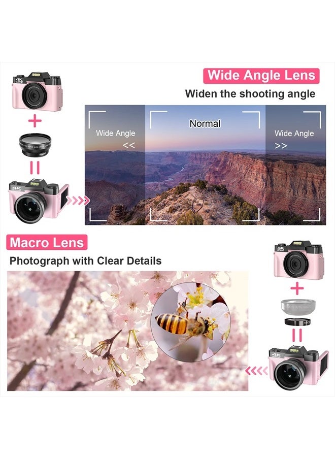 VETEK - Digital Cameras for Photography, 4K 48MP Vlogging Camera 16X Digital Zoom Manual Focus Rechargeable Students Compact Camera with 52mm Wide-Angle & Macro Lens, 32G TF Card and 2 Batteries - Image 1