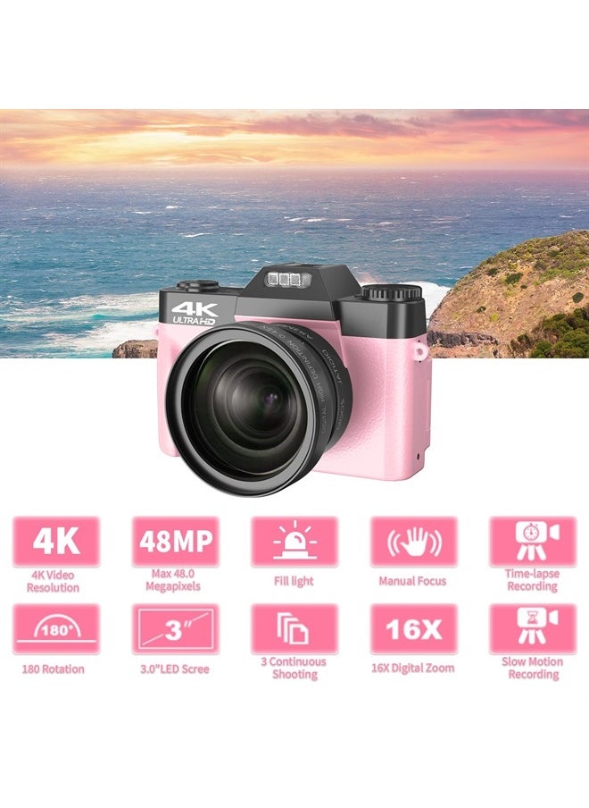 VETEK - Digital Cameras for Photography, 4K 48MP Vlogging Camera 16X Digital Zoom Manual Focus Rechargeable Students Compact Camera with 52mm Wide-Angle & Macro Lens, 32G TF Card and 2 Batteries - Image 1