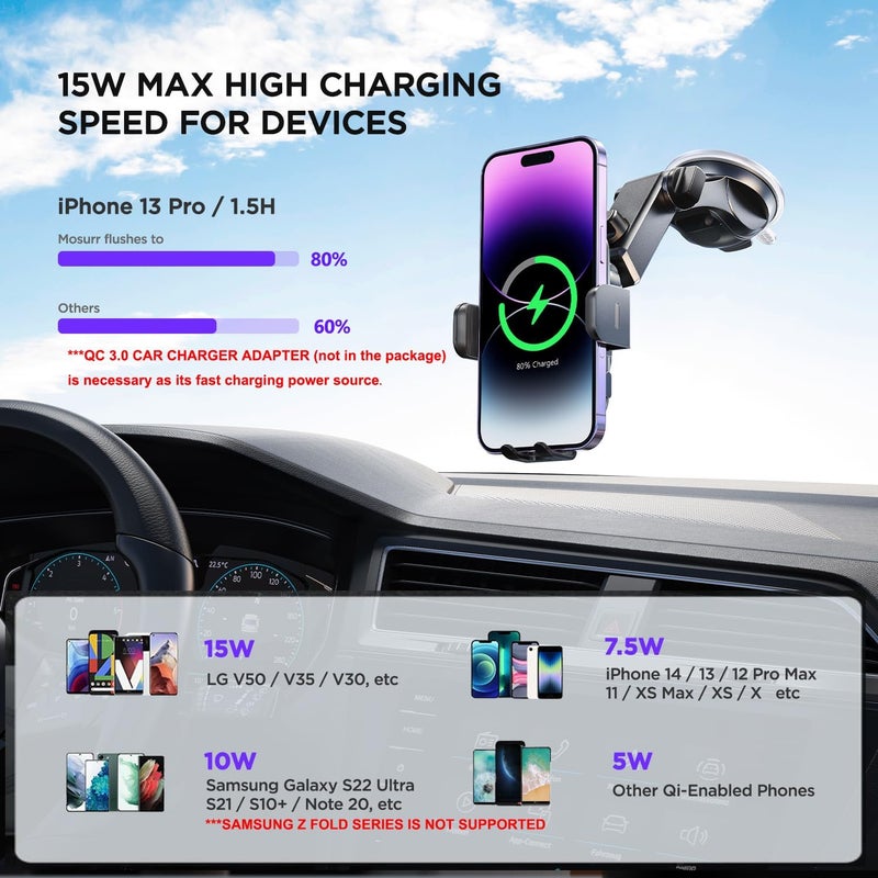 Mosurr Wireless Car Charger,【7 Colored RGB Backlit】 Mosurr 15W Auto Clamping Phone Holders for Your car fit for iPhone 16 15 14 Mini Pro Max, Samsung Galaxy S25 Ultra S24 S23+, etc, Fathers Day for Gifts - Image 4