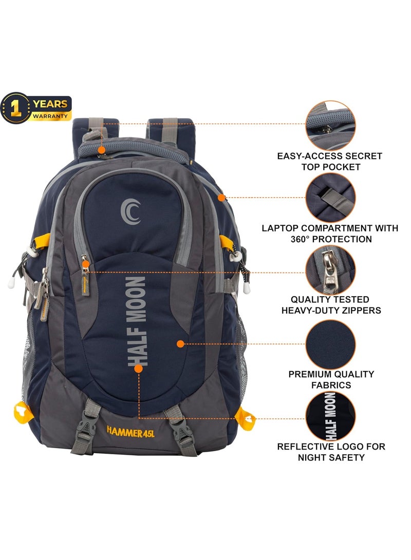 هاف مون Half Moon 45L Hammer Waterproof Rucksack Bags for Man/Trekking Bags for Men | With 17.3" Laptop Compartment & Rain cover | For Trekking, Hiking, Travel Backpack for Men & Women (Navy Blue) - Image 4