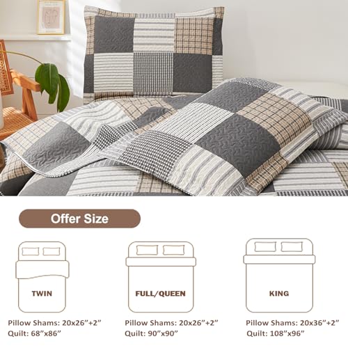 CHESITY Brown Black Plaid Bedding Sets, 3 Pcs Queen Size Quilt Bedspread Checked Patchwork Print Coverlets Bedcover Reversible Bed Cover Country Bedroom Decor(90"x 90") - Image 3