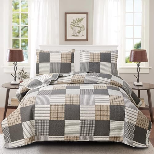 CHESITY Brown Black Plaid Bedding Sets, 3 Pcs Queen Size Quilt Bedspread Checked Patchwork Print Coverlets Bedcover Reversible Bed Cover Country Bedroom Decor(90"x 90") - Image 1