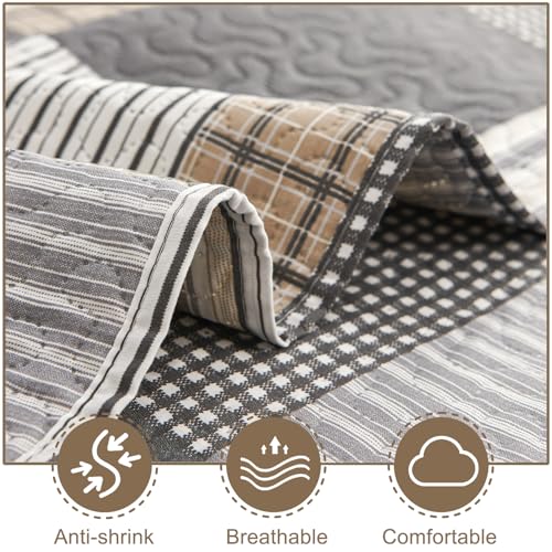 CHESITY Brown Black Plaid Bedding Sets, 3 Pcs Queen Size Quilt Bedspread Checked Patchwork Print Coverlets Bedcover Reversible Bed Cover Country Bedroom Decor(90"x 90") - Image 4