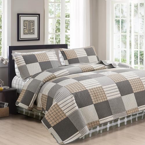 CHESITY Brown Black Plaid Bedding Sets, 3 Pcs Queen Size Quilt Bedspread Checked Patchwork Print Coverlets Bedcover Reversible Bed Cover Country Bedroom Decor(90"x 90") - Image 2