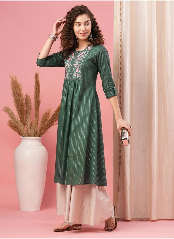 globus Embroidered Round Neck A-Line Kurta