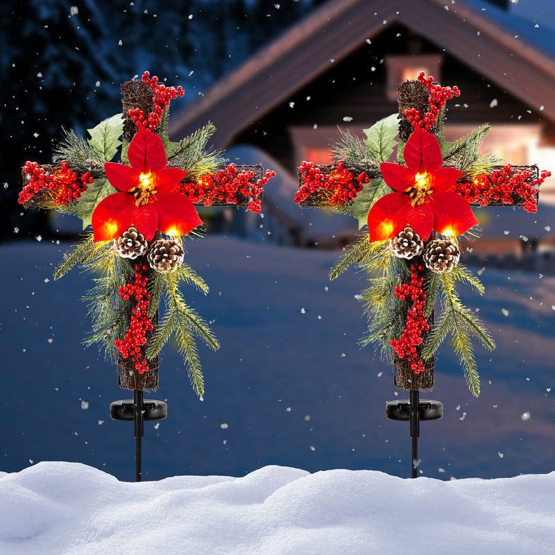 SOWSUN Solar Christmas Decorations Outdoor LED Lights Xmas Waterproof Cross Stake Cemetery Grave DecorationsFaux Pine Cones and Foliage Ornament Stakes for Garden Lawn Yard Cemetery Set of 2