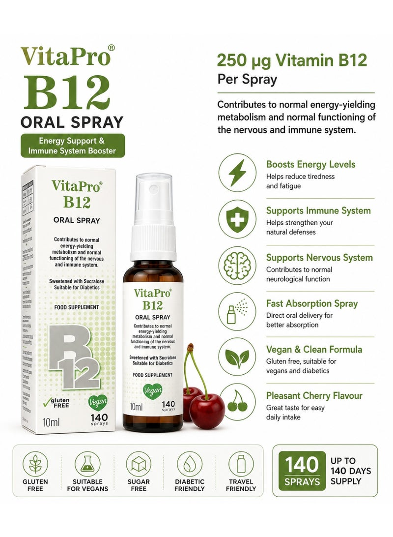 VitaPro Vitamin B12 Oral Spray 10ml – 140 Sprays, Energy Support & Immune System Booster, Vegan & Gluten Free